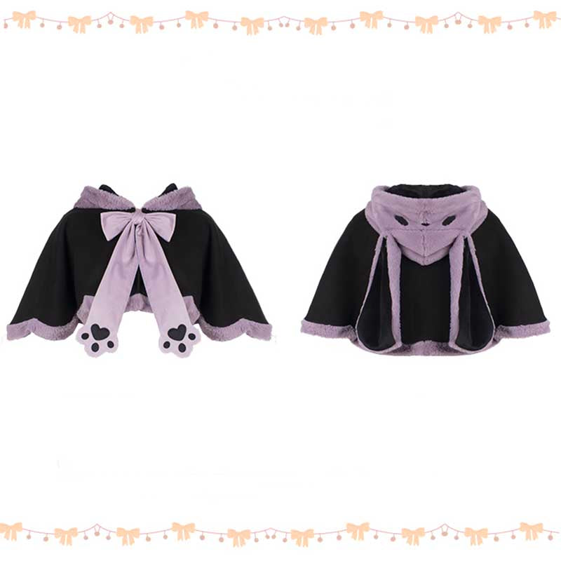 Cape courte en peluche violette avec longues oreilles de lapin et nœud papillon