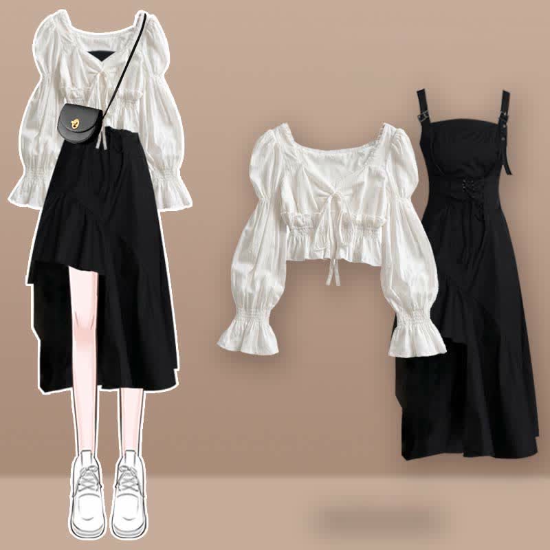 Dress Up Lace Irregular Set Slip Puff Sleeve Shirt Skirt