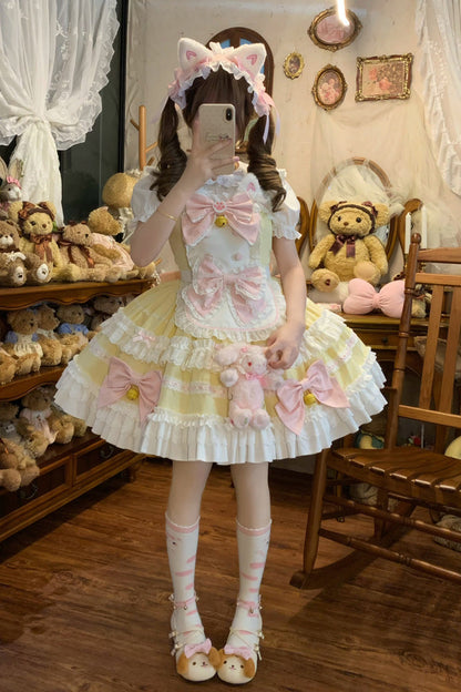 Meowling Sweet Maid Sleeveless Multi Layer Ruffle Bow Lace Princess Lolita JSK in Yellow