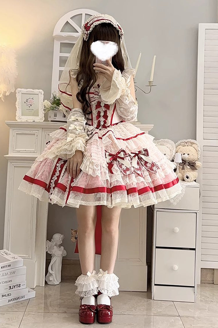 Rose Moonstone Sleeveless Ruffle Embroidery Bow Lace Fishbone Sweet Princess Gown