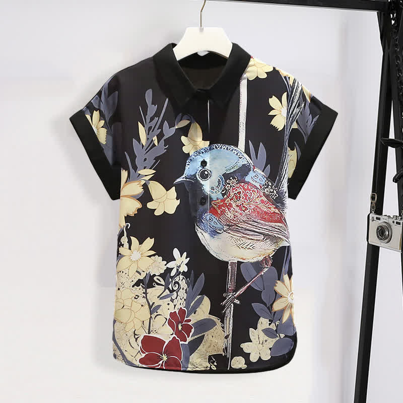 T-shirt en mousseline de soie à imprimé floral et oiseaux, short décontracté