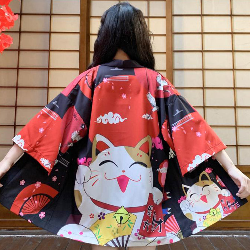 Cardigan kimono rouge à imprimé chat porte-bonheur animé