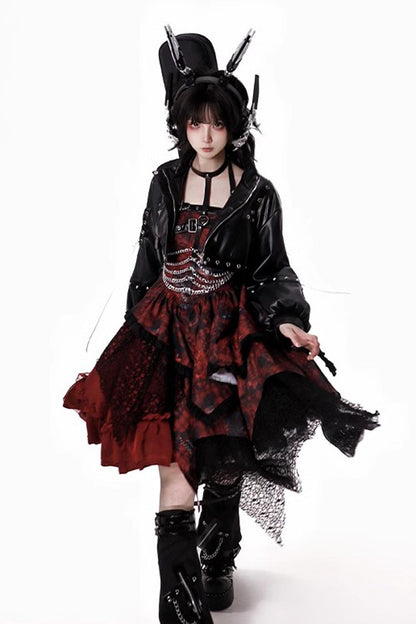 Sleeveless Printed Gothic JSK Dress with Asymmetric Ruffled Lace - Strawberries of Blood and Tears