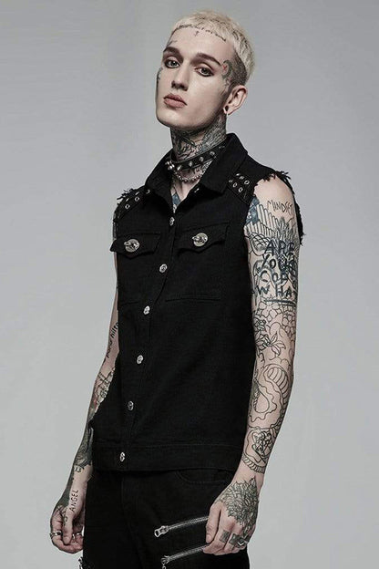 Mens Sleeveless Twill Vest with Flap Pockets and Metal Accents