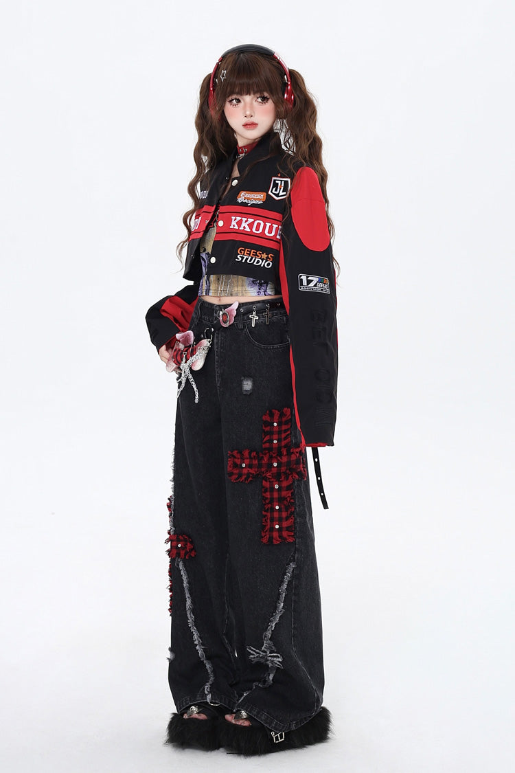 Biker Girl Print Embroidery Zip Detachable Coat Three Colors