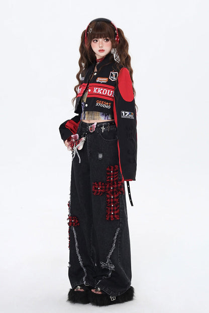 Biker Girl Print Embroidery Zip Detachable Coat Three Colors