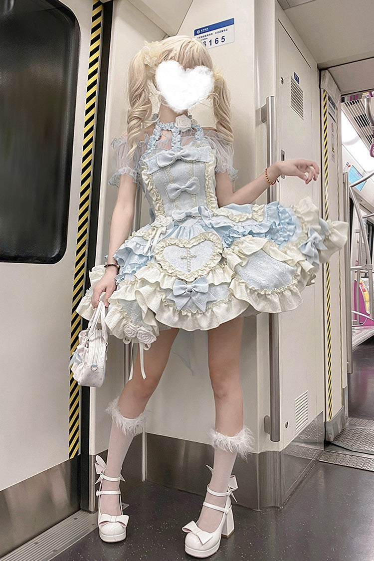 Blue Heart of Butterfly Halterneck Sleeveless Multi-Layer Ruffle Embroidery Princess Ballet JSK Dress Set