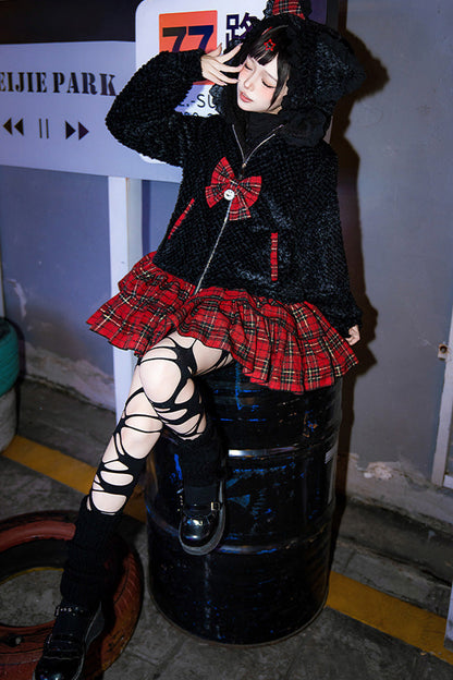 Night Cat Plaid Hooded Sweet Lolita Skirt Coat - Noir