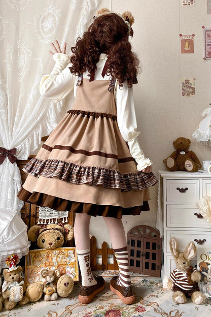 Brown Sweet Lolita Triple-Layered Ruffle Bowknot Strap Dress