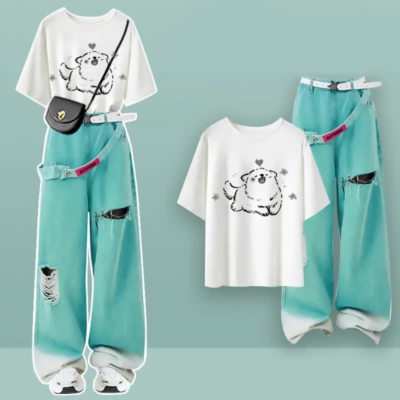 Cartoon Print Casual T-shirt Green Ripped Pants