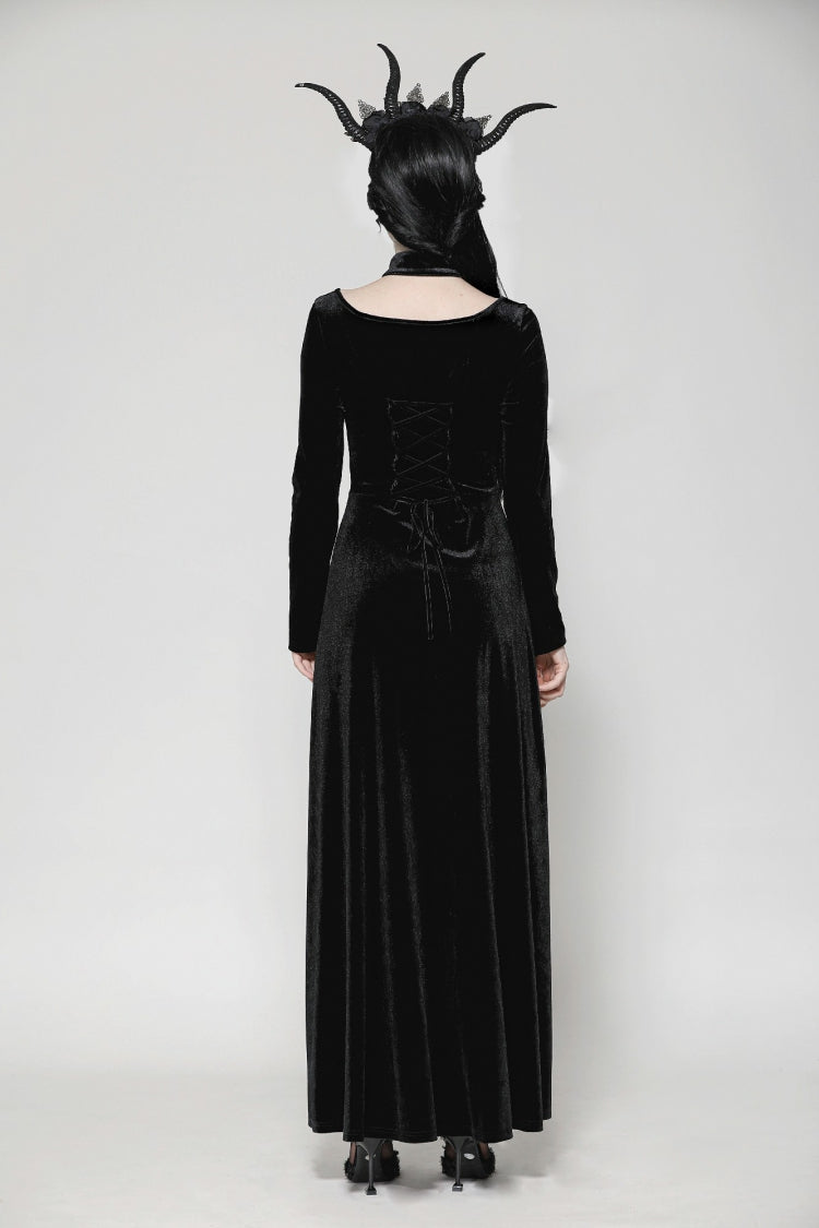 Long Sleeve Cut-Out Lace-Up Gothic Side Slit Velvet Party Wedding Dress