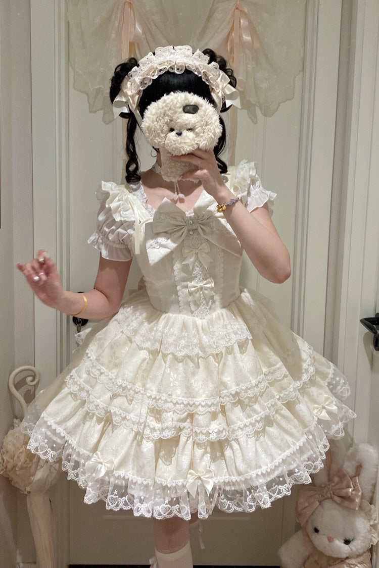 Sweet Mist Cherry Romance Sleeveless Multi-Layered Hanayome Bow Lace Lolita JSK Dress in Beige