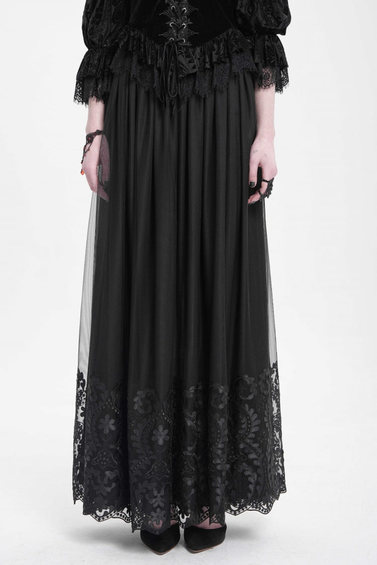 Women's Gothic Floral Mesh Skirt with Black Stitching