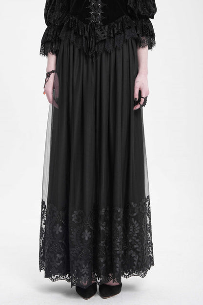 Women's Gothic Floral Mesh Skirt with Black Stitching