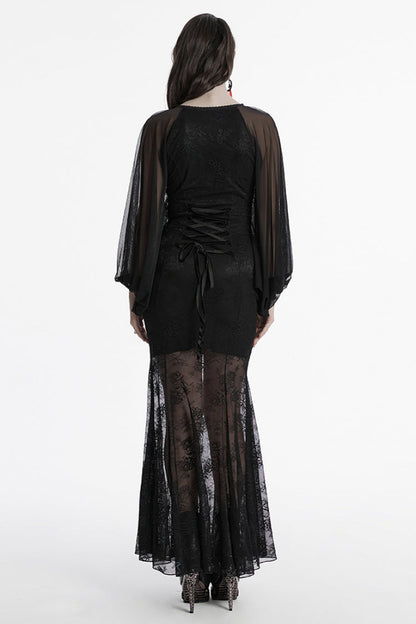 Plunging Batwing Sleeve Hollow Embroidered Punk Dress