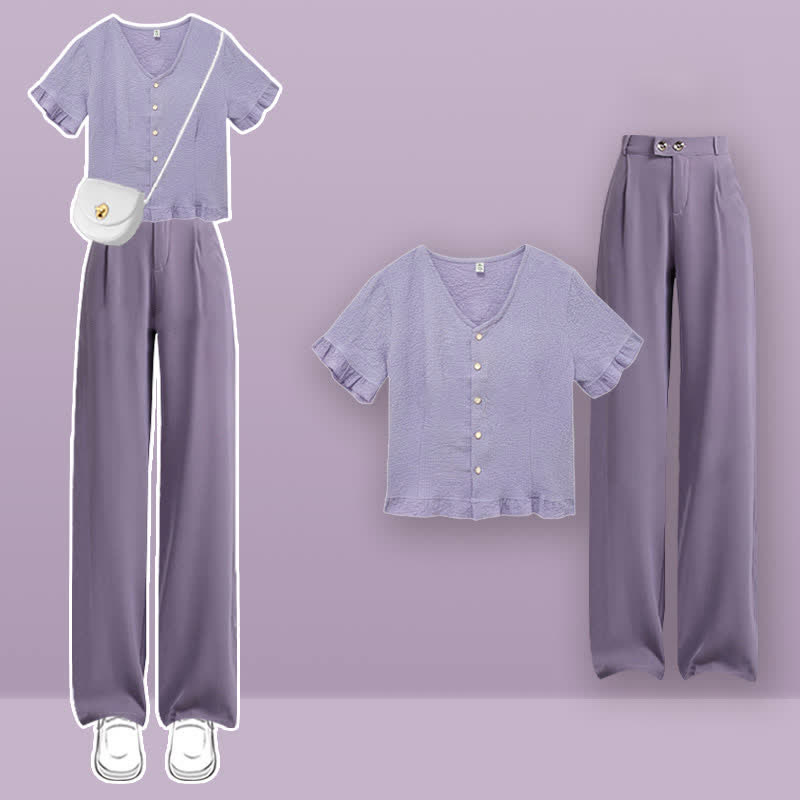 Purple Drawstring T-Shirt High Waist Casual Suit Pants