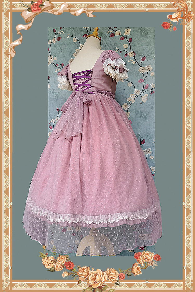 Rose Moon Goddess Mediana Polka Dot Print Ruffle Bow Asymmetrical Elegant Lolita Gown