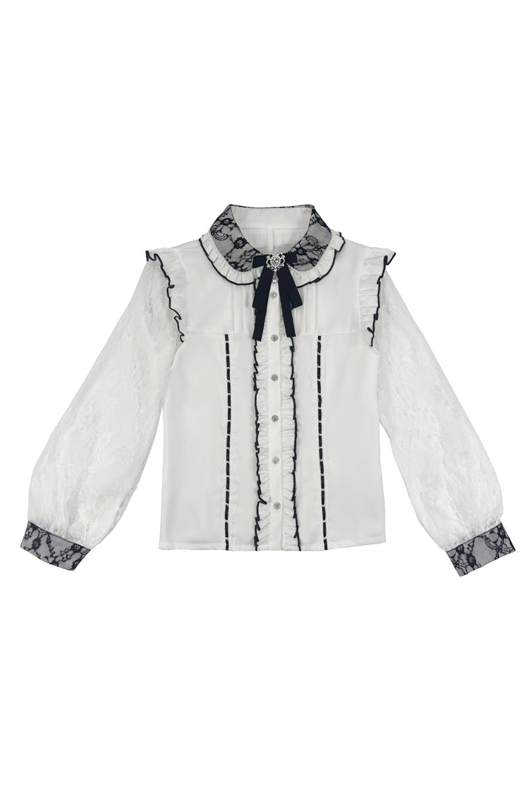 Lapel Collar Long Sleeves Jacquard Ruffled Bow Jirai Kei Japanese Blouse