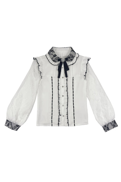 Lapel Collar Long Sleeves Jacquard Ruffled Bow Jirai Kei Japanese Blouse