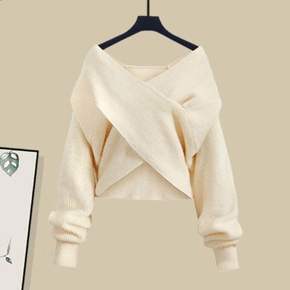 Knit Sweater Set Sweet Shirt Irregular Skirt Lapel Cross