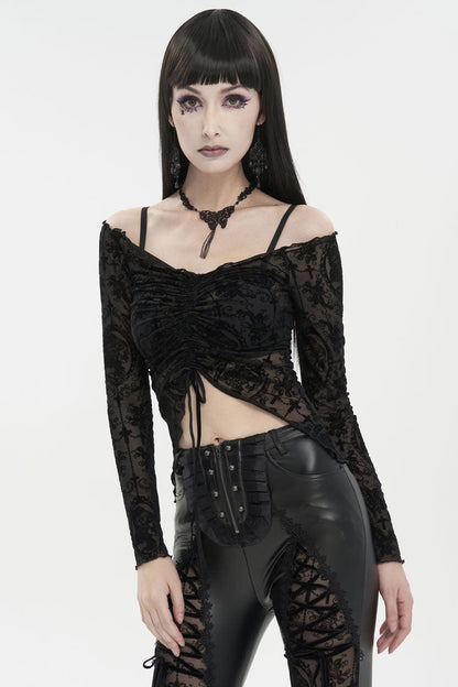 Punk Women's Off-Shoulder Tee with Ruched Flocked Chest and Adjustable Straps