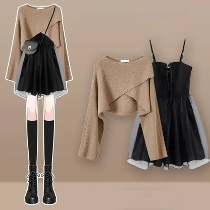 Dress Knot Sweater Set Tulle Cardigan Slip Up Lace Chic Bow
