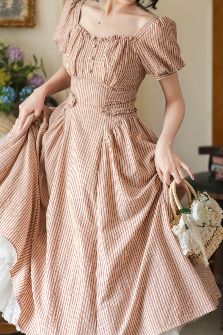 Chantilly Forest Square Collar Striped Printed Ruffled Classic Vintage Dress