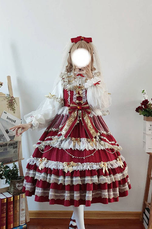 Wine Ruffled JSK Dress Sweet Lolita Multi-Layer Bowknot - Altfashion Shop