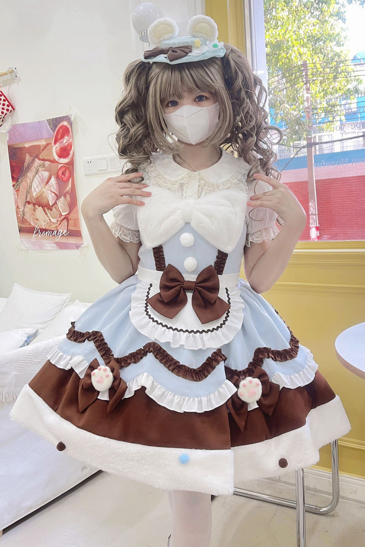 Blue/Brown Sweet Lolita Winter Ruffle Bowknot JSK Dress