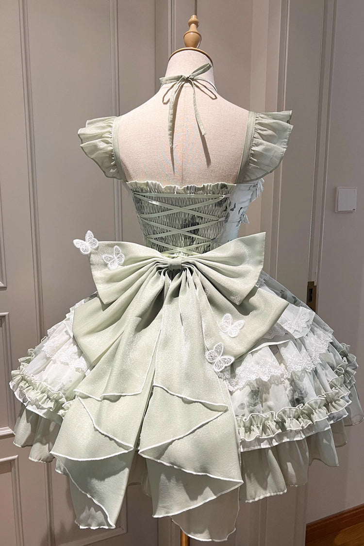 Emerald Promise of Blooming Season Print Ruffle Bowknot Lace Sweet Princess Lolita JSK
