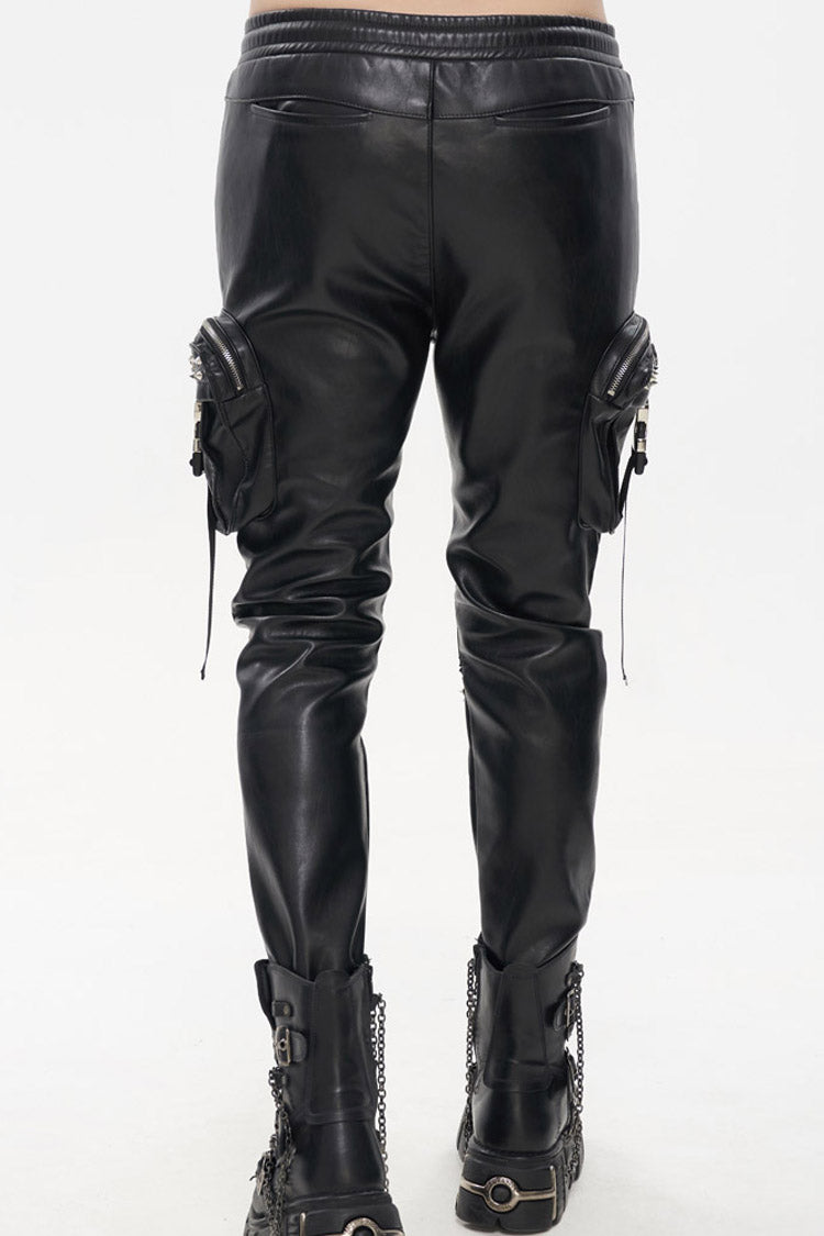 Rebel Rivet Zipper Pocket Faux Leather Cargo Trousers