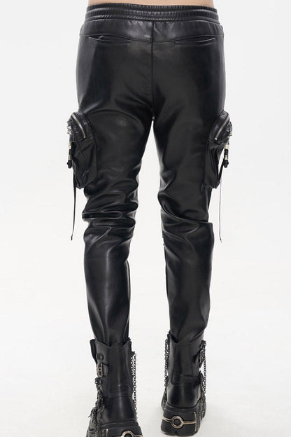 Rebel Rivet Zipper Pocket Faux Leather Cargo Trousers