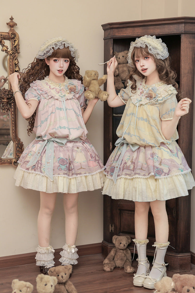 Sunny Short-Sleeve Bear Printed Ruffled Bow Dress Ensemble
