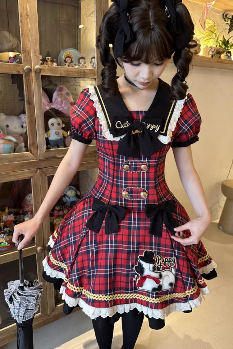 Crimson Dalmatian Bowknot Mini Sweet Lolita Gown with Short Sleeves
