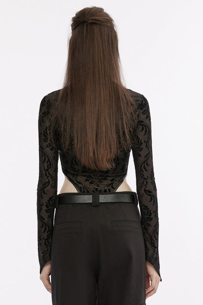 Punk Women's Long-Sleeve Round-Neck Faux Leather Panel Print Bodysuit