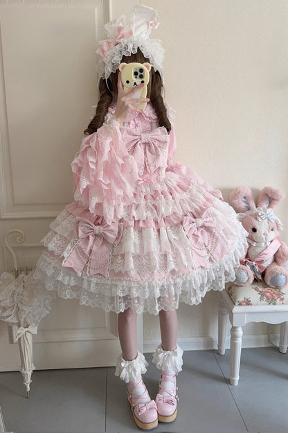 Pink Crossed Heart Knot Sleeveless Multi-Layered Ruffle Hanayome Cardigan Bow Lace Lace-Up Sweet Jsk Dress