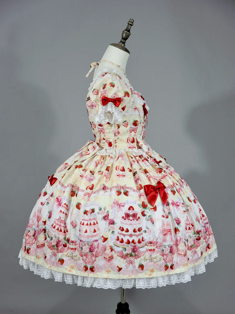 Strawberry Cake Print Yellow Sweet Bow Accents Lolita Dress / Full Set