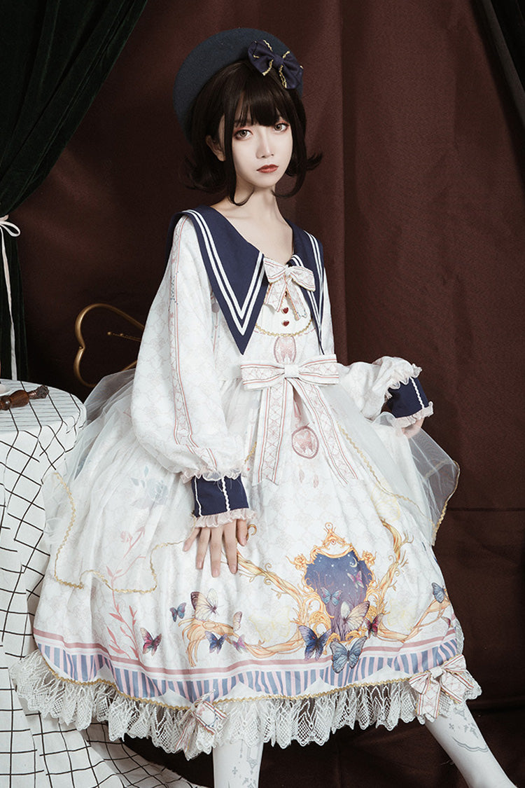 Ivory Navy Collar Butterfly Print Ruffled Bow Princess Gown