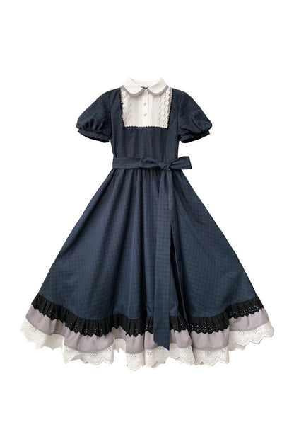 Lapel-Collar Vintage Dress with Bow Print and Short Sleeves