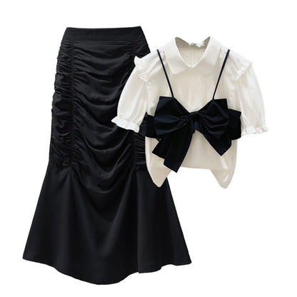 High Ruffled Set Bow T-Shirt Knot Skirt Waist