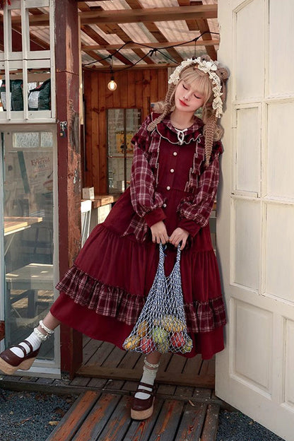 Velvet Plaid Print Bowknot Christmas Sweet Lolita Dress in Red