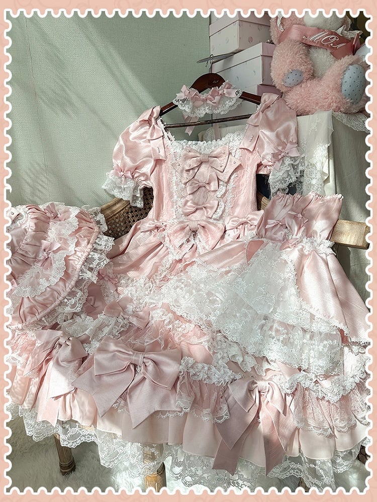 Pink Bow Accents High Waist Sweet Princess Lolita Dress with Detachable Sleeves