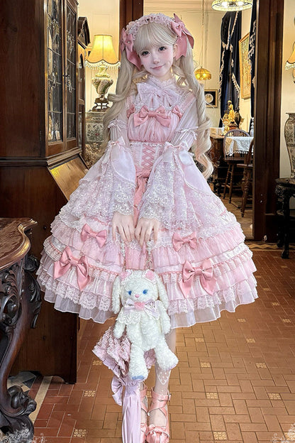 Pink Multi-Tier Ruffle Bow Lace Sweet Gorgeous Lolita Jumper - Little Lovetine