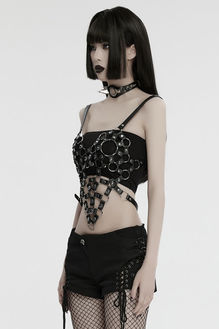Cutout Ring Punk Crop Top in Stitched Black Faux Leather for Women