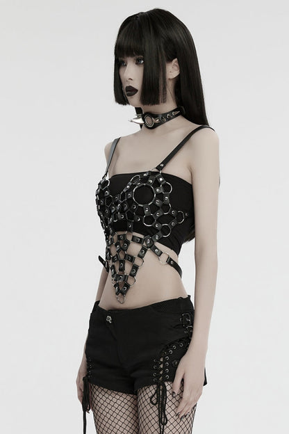 Cutout Ring Punk Crop Top in Stitched Black Faux Leather for Women