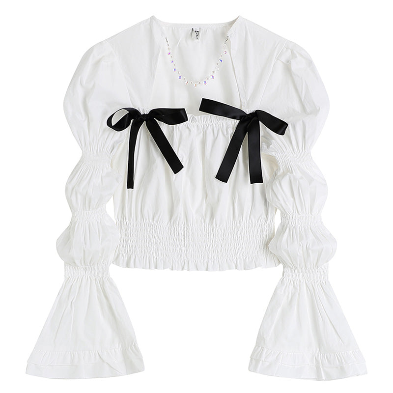 Sweet Square Collar Puff Sleeve Shirt Pleated Suspender Skirt Set