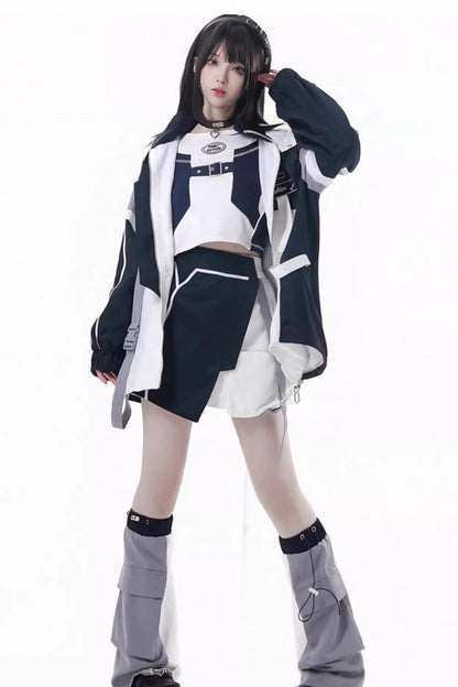Blue White Techwear Embroidered Asymmetric Coat & Skirt Set