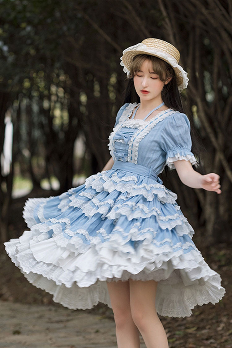 Blue Halter Sweet Lolita OP Dress with Lace and Ruffled Short Sleeves