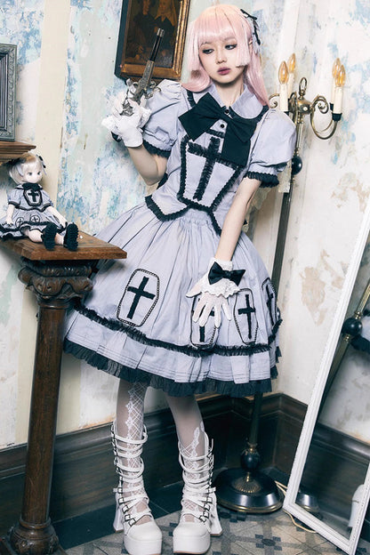 Grey Cross Short Puff Sleeves Two-Piece Gothic Lolita Dress