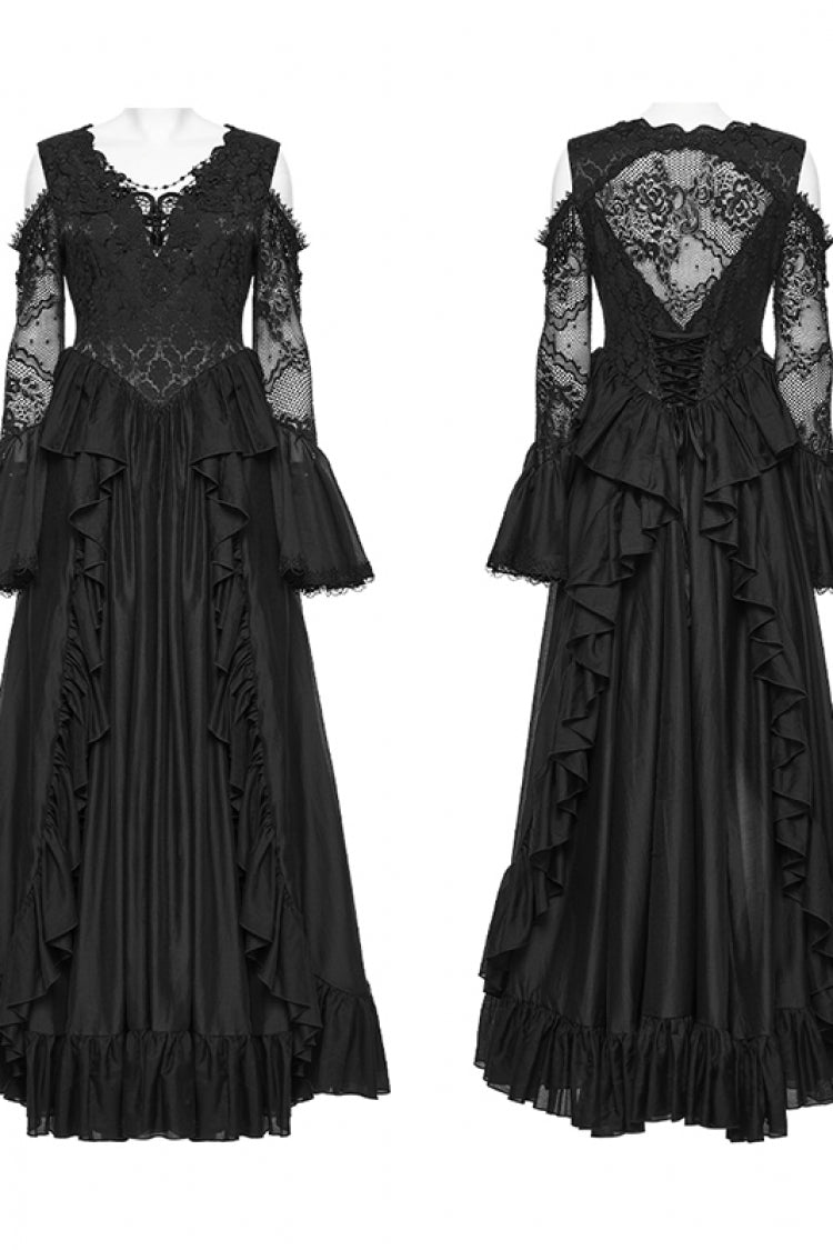 V Collar Trumpet Sleeve Double-Layered Hanayome Cut-Out Lace Lace-Up Pearl Pleated Gothic Palace Dress